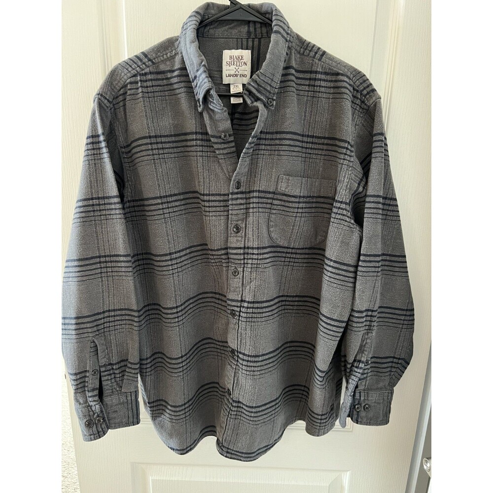 Lands' End Blake Shelton Men's XXL Gray Plaid Button-Down Cotton shirt